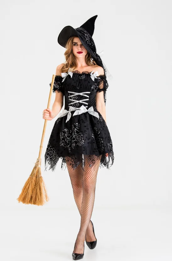

Women Cosplay Stage Performance Costume Witch Bicolored Lace Stitching Bow Decorated Tunic Dress With Hat DT1071