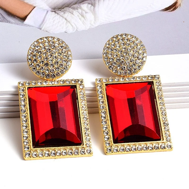 

New Arrival Colorful Crystal Geometric Metal Earrings Jewelry Gift for Women High-Quality Clear Pure Stone Earring Accessories