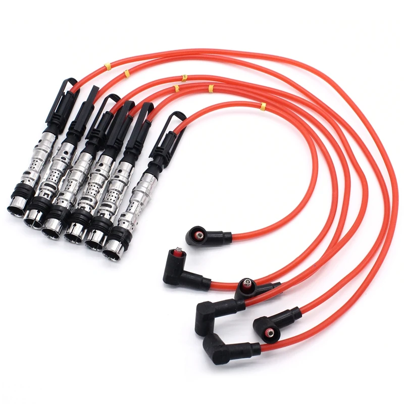 6Pcs Ignition Coil Spark Plugs Wires Cable Red for Golf III Corrado VR6 2.8 2.9 AAA ABV with Puller 021905409AD