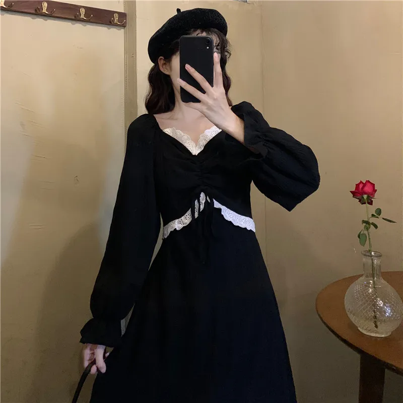 

JCHB 2021 High Quality Black Dress Woman Vintage Midi Dress Female Long Sleeve Dresses for Women Spring Autumn Vestidos Pph3140