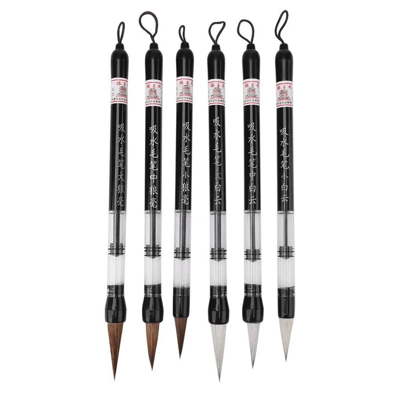 

6 Pcs Piston Water Brush Chinese Japanese Calligraphy Pen Adjustable Piston (S+M+L), White and Brown Brush Head Pen
