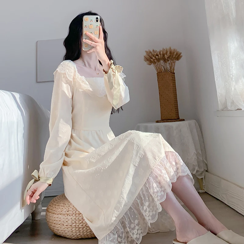 

COIGARSAM French Style Women dress Vintage Dresses Apricot 6610