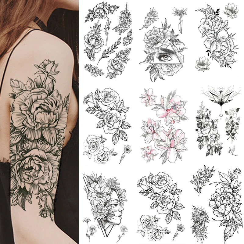 

Black Flower Fake Tattoo Sticker for Women Dot Rose Peony Waterproof Temporary Tattoos DIY Water Transfer Tatoos Girls