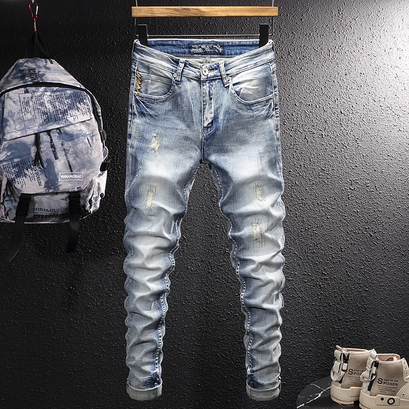 

Street Fashion Men Jeans Retro Light Blue Elastic Slim Fit Ripped Jeans Men Korean Style Embroidery Designer Casual Denim Pants