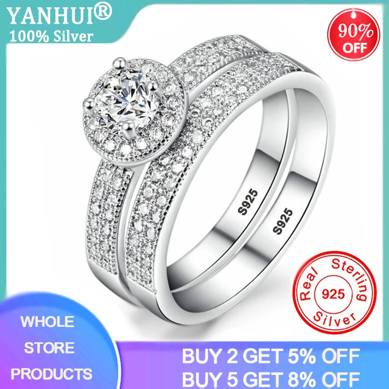 

YANHUI 2pcs/set 100% Original 925 Solid Silver Rings Sets for Women 0.5ct Cubic Zircon Engagement Wedding Band Rings Woman Gift