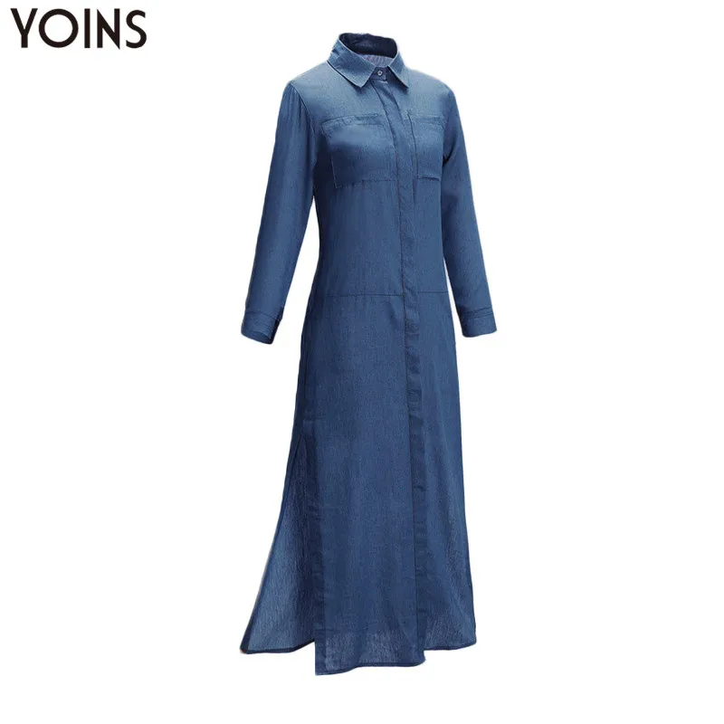 YOINS/женское длинное джинсовое платье рубашка с отложным воротником и длинными