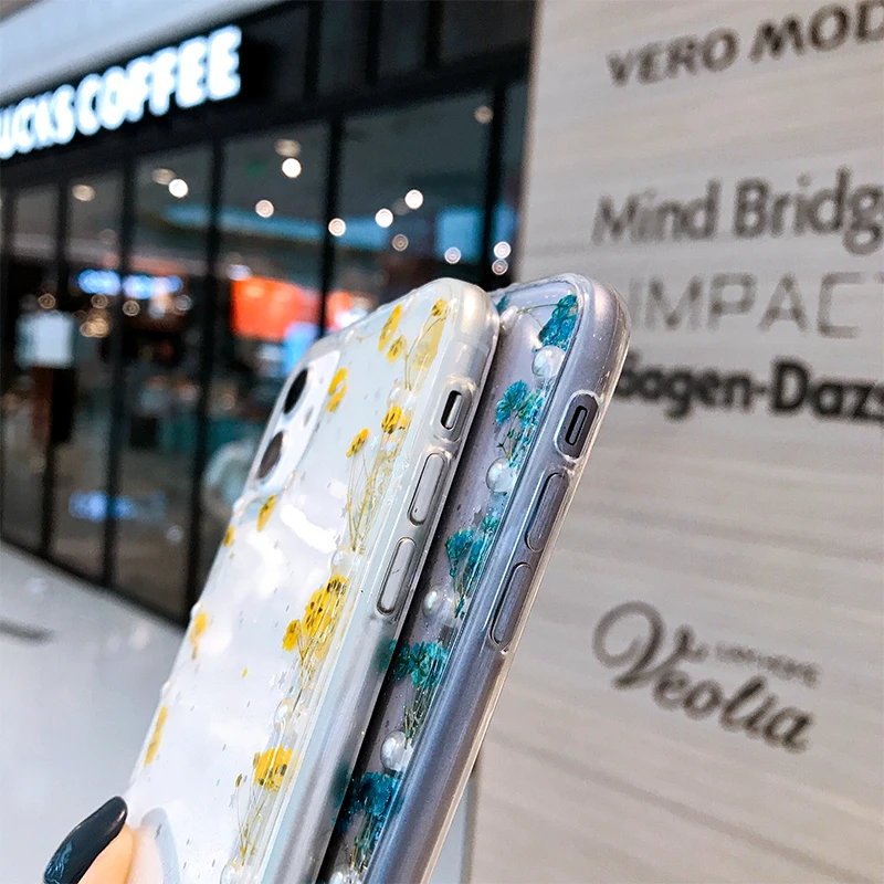 

Real Dry Flowers Glitter Case For iPhone 11 Pro Max 12 Mini Case Glitter Star Soft Silicon Cover For IPhone XR X XS Max 7 8 Plus