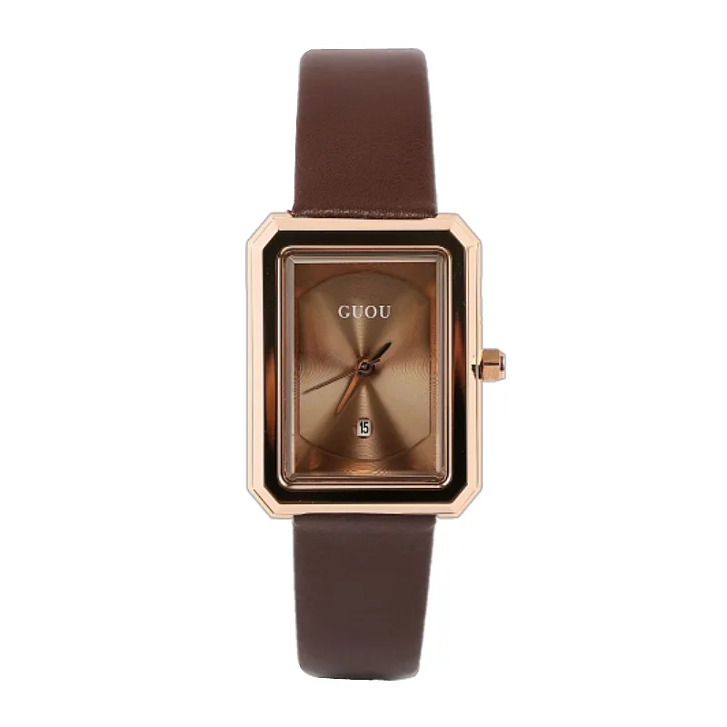 Часы женские маленькие квадратные в стиле ретро с кожаным ремешком и календарем