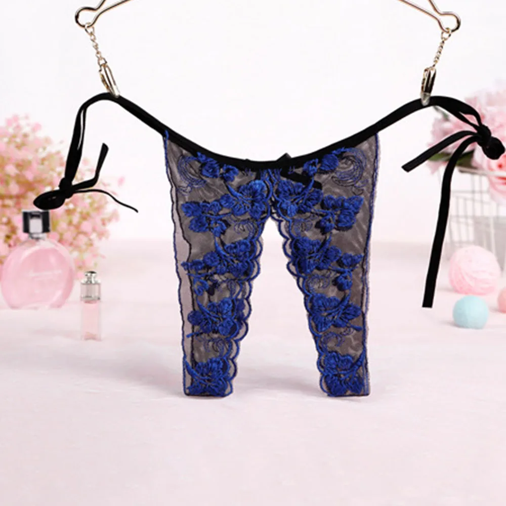 Blue Sexy Underwear Crotchless Embroidered Panties Exotic Women Lingerie Open Crotch Lace Floral Embroidery Thongs Lacing Briefs - Цвет: Blue
