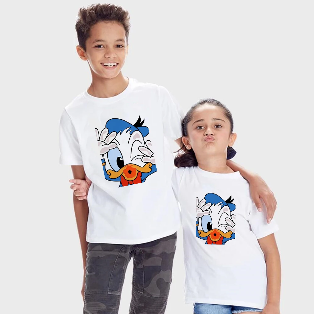 

Kawaii Donald Duck Graphic Boy T-shirt Casual O-neck Loose Short Sleeve Brothers Sisters Top Harajuku Children's Clothes