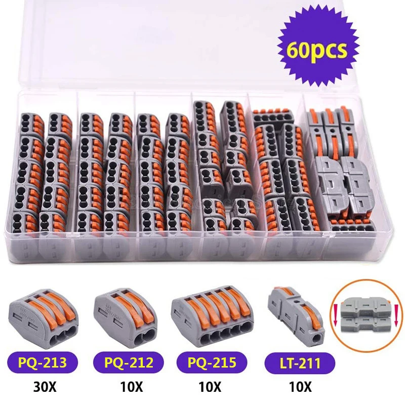 

60Pcs Wire Connector PQ-212 211 213 215 Gray Universal Terminal 0.08-2.5mm Push-in Electrical Terminals for Cable Connection