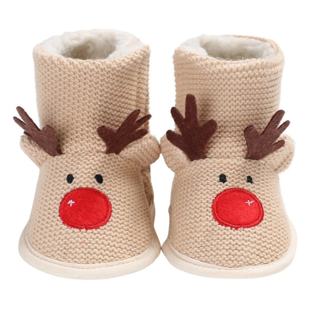 

0-18M Infant Knitted Snow Boots Baby Boy Girl Christmas Shoes Cute Reindeer First Walker Plush Lined Prewalker Fleece Boots