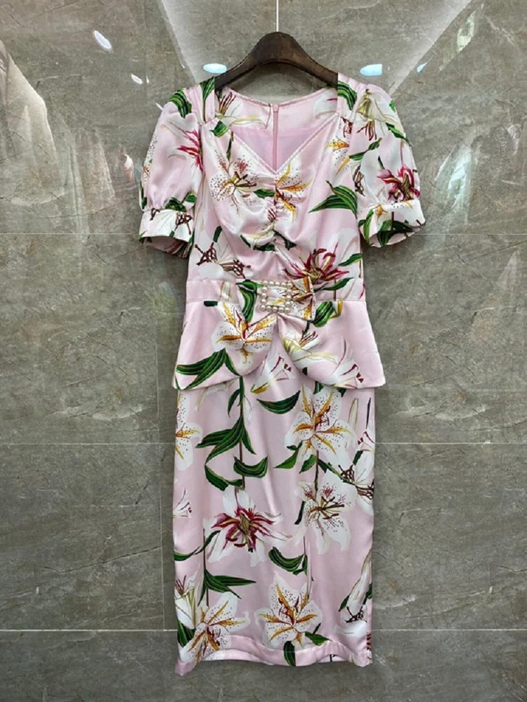 

New 2021 Summer Party Bodycon Dress High Quality Women V-Neck Charming Floral Print Beading Deco Short Sleeve Midi Dress Pink