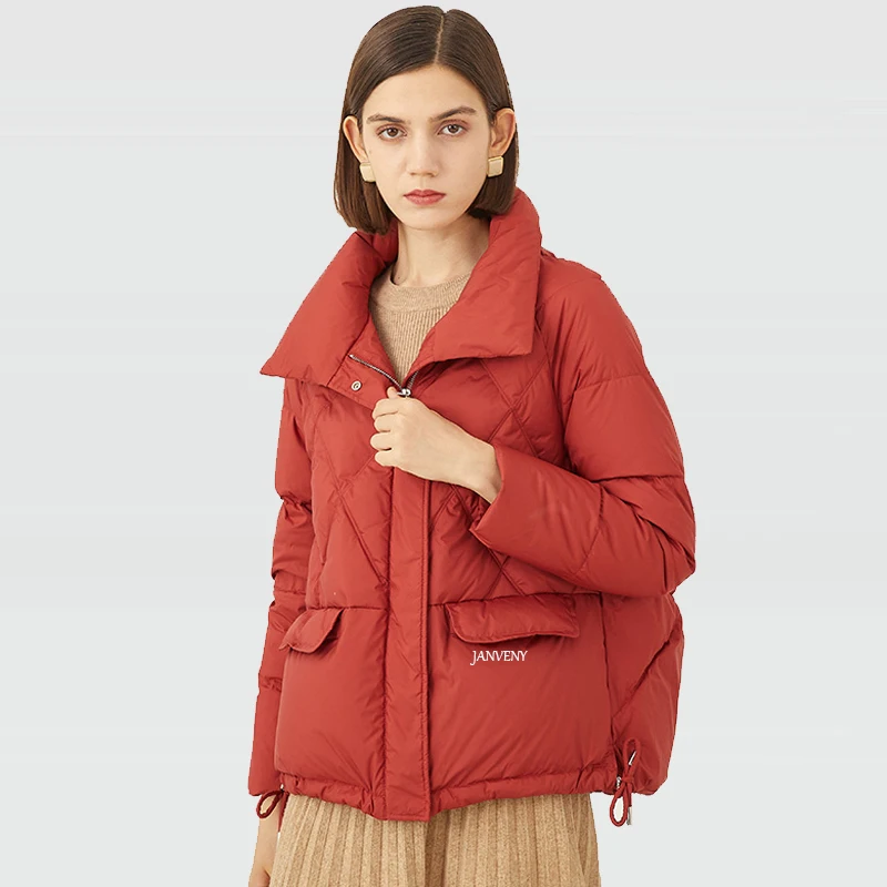 

2021 Autumn Winter Diamond Lattice Down Jacket Women Short Thick Stand Up Drawstring Loose Lightweight Puffer Coat Ladies Wear