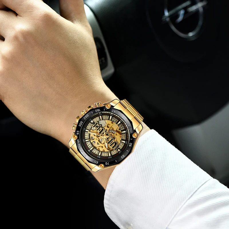 

WINNER Famous Chique Golden Automatic Watch Men Diamond Iced Out Skeleton Mechanical Watches Brand Luxury Punk Wristwatches