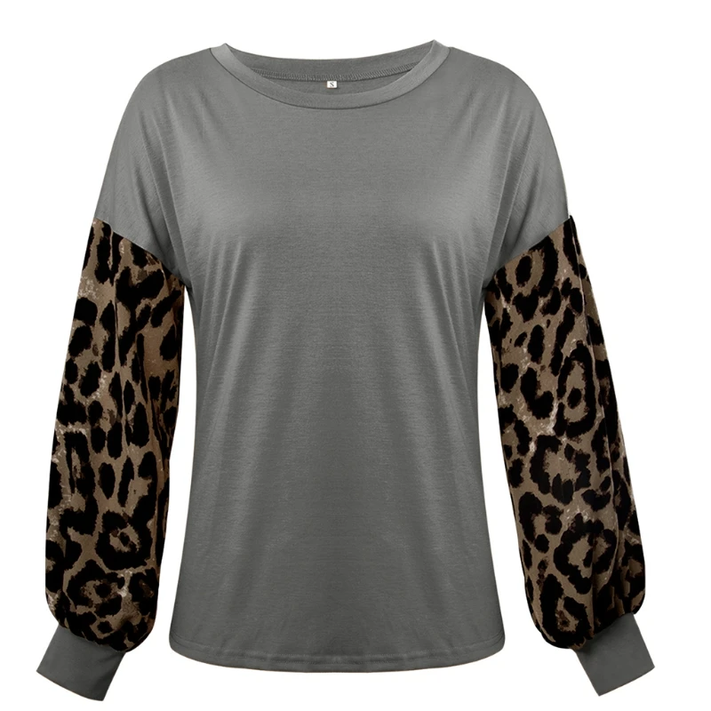 

Women Leopard Printed Long Lantern Sleeve Blouse Crew Neck Loose Pullover Tops