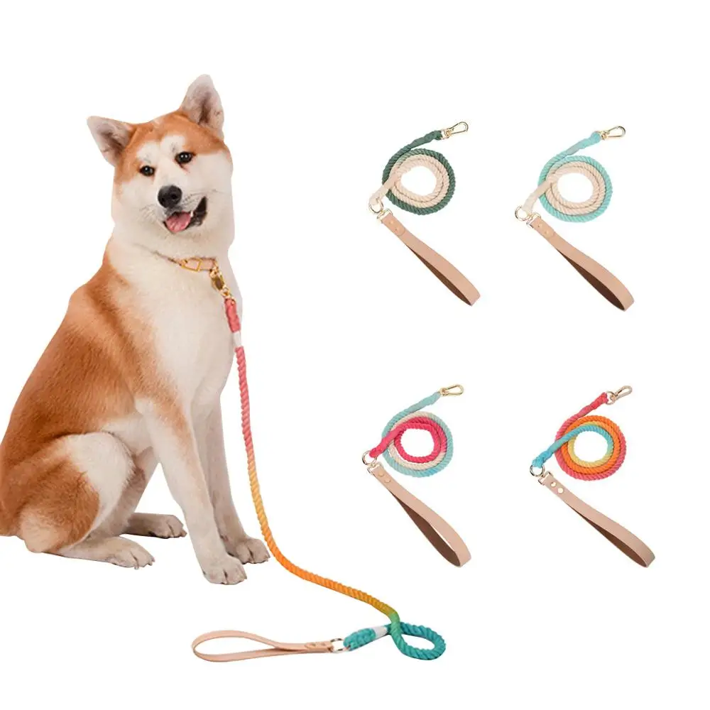 

150cm Pet Dog Leash Cotton Rope with Leather Handle for Small Medium Large Dog Cat Colorful Dog Lead Collar Optional S M L XL