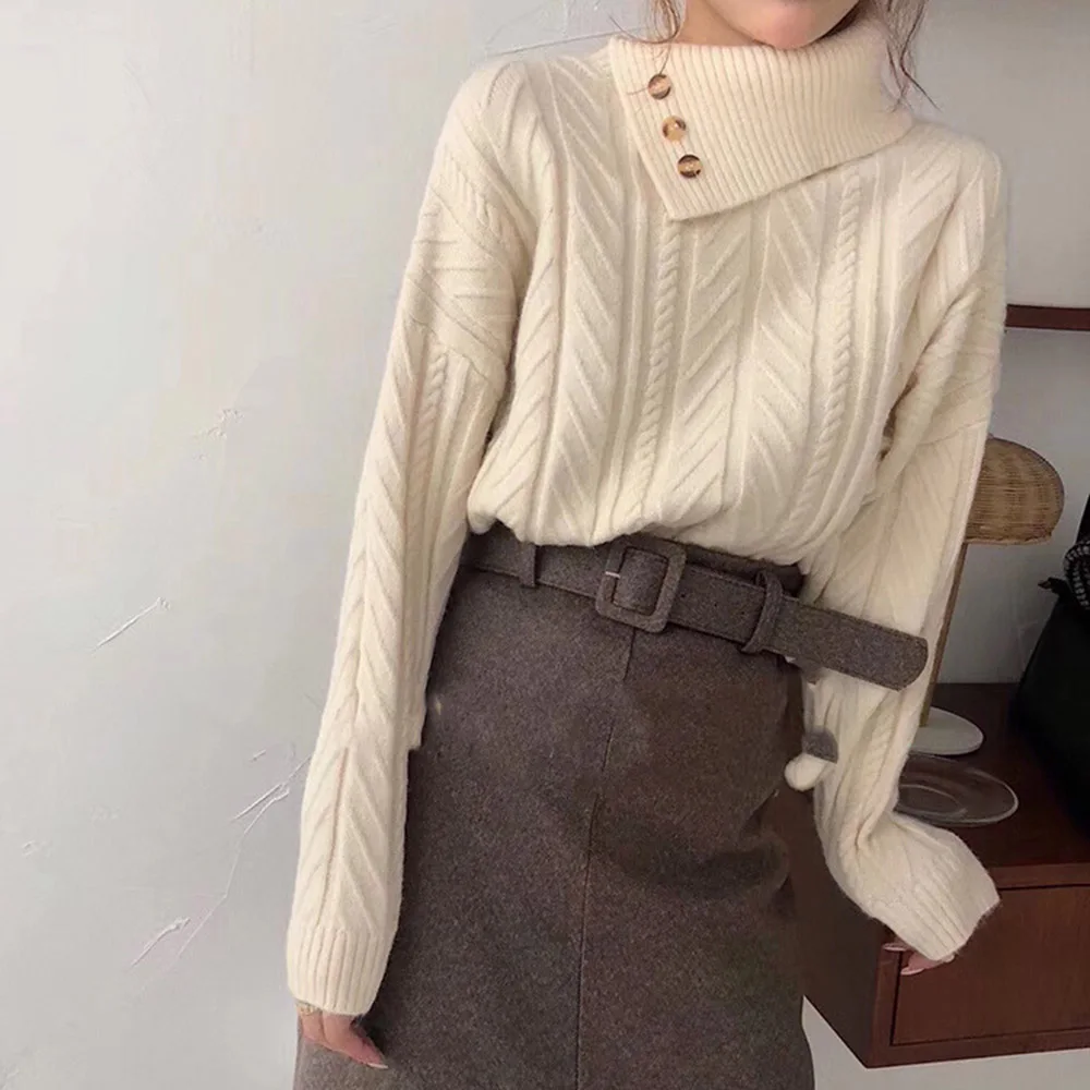 

Women Knitted Sweater Autumn Winter Pullover Bottoming Thick Cashmere Korean Loose Lazy Style High Collar Ins Button Personality