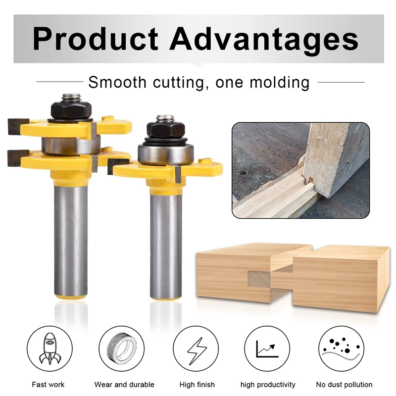 2 pc 1/2'' Shank High Quality Tongue & Groove Joint Assembly Router Bit Set Stock Wood Cutting Tool Milling Cutters |
