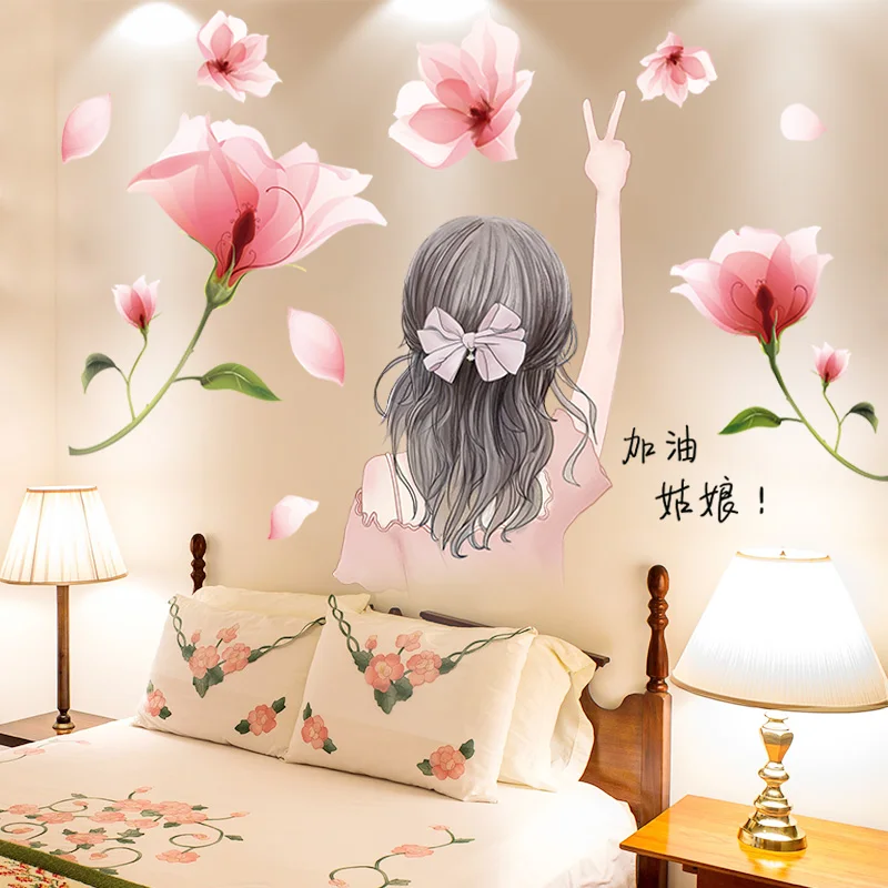 

[SHIJUEHEZI] Cartoon Girl Wall Stickers DIY Pink Flowers Mural Decals for House Living Room Kids Bedroom Nursery Decoration