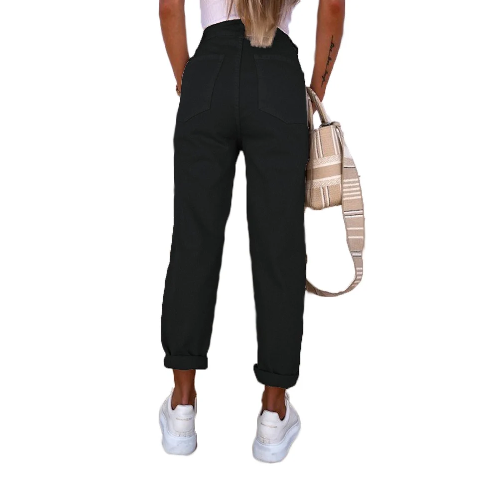 

High Elastic Waist Denim Jeans For Women Autumn Winter Ripped Hole Stretch Jeans Solid Straight Pants