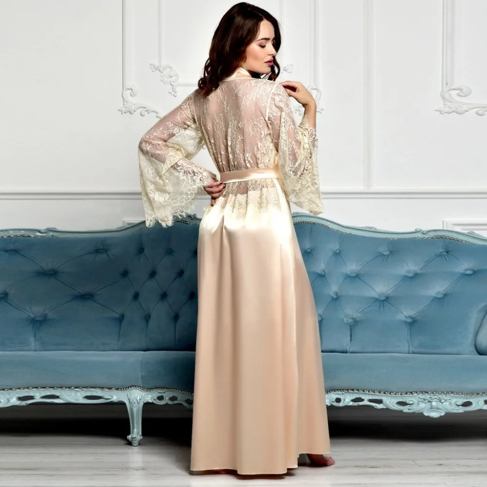 Сексуальные кружевные женские халаты, пижамы peignoir femme шелковые, атласные, с кружевами нижнее белье пижамы кимоно длинный халат подружки невесты Gow халат атласный
