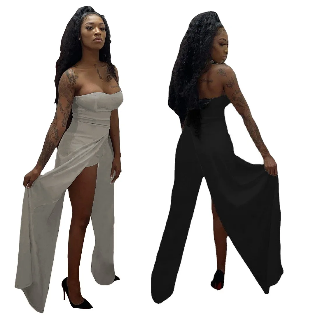 

Summer 2022 Best Selling European And American Women's Clothes Wrapped Chest Split Sexy Night Club Solid Color Jumpsuit