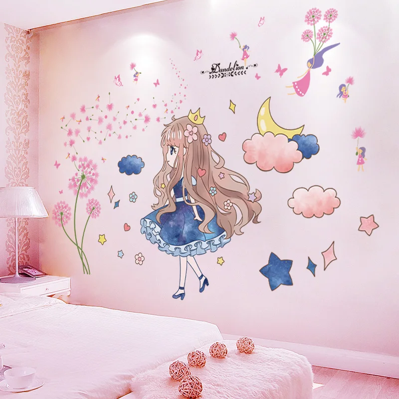 

[SHIJUEHEZI] Cartoon Girl Wall Stickers DIY Dandelion Flowers Wall Decals for Kids Rooms Baby Bedroom Dorm House Decoration