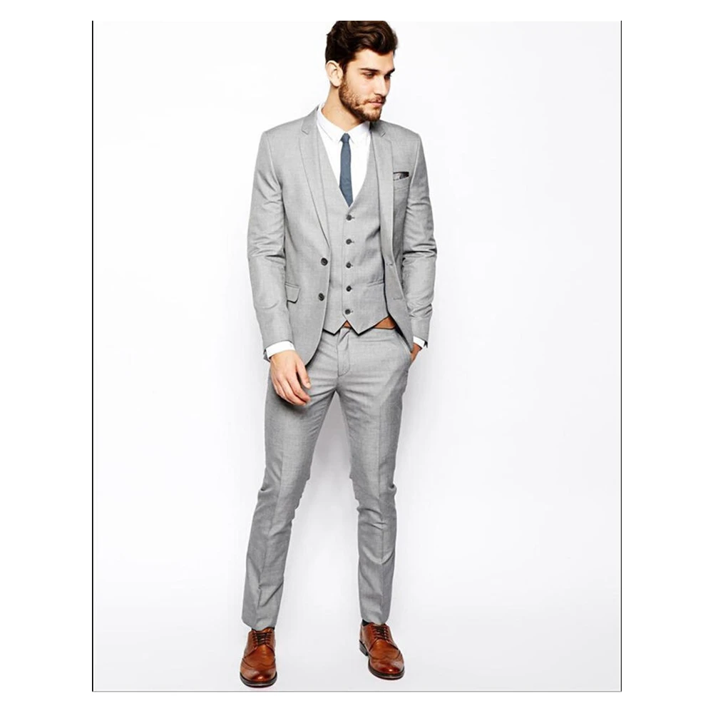 

New Arrival Men's Peak Lapel Light Grey Suits Hot Selling Custom Made Two Buttons Handsome Casual Wear Blazer 3 Pieces Skinny