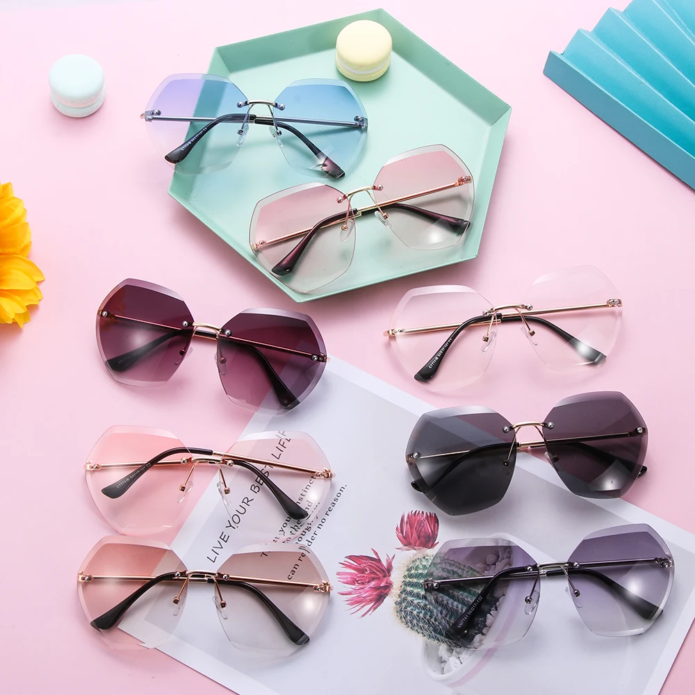 Модные трендовые Винтажные Солнцезащитные очки без оправы 2021 большие с алмазной