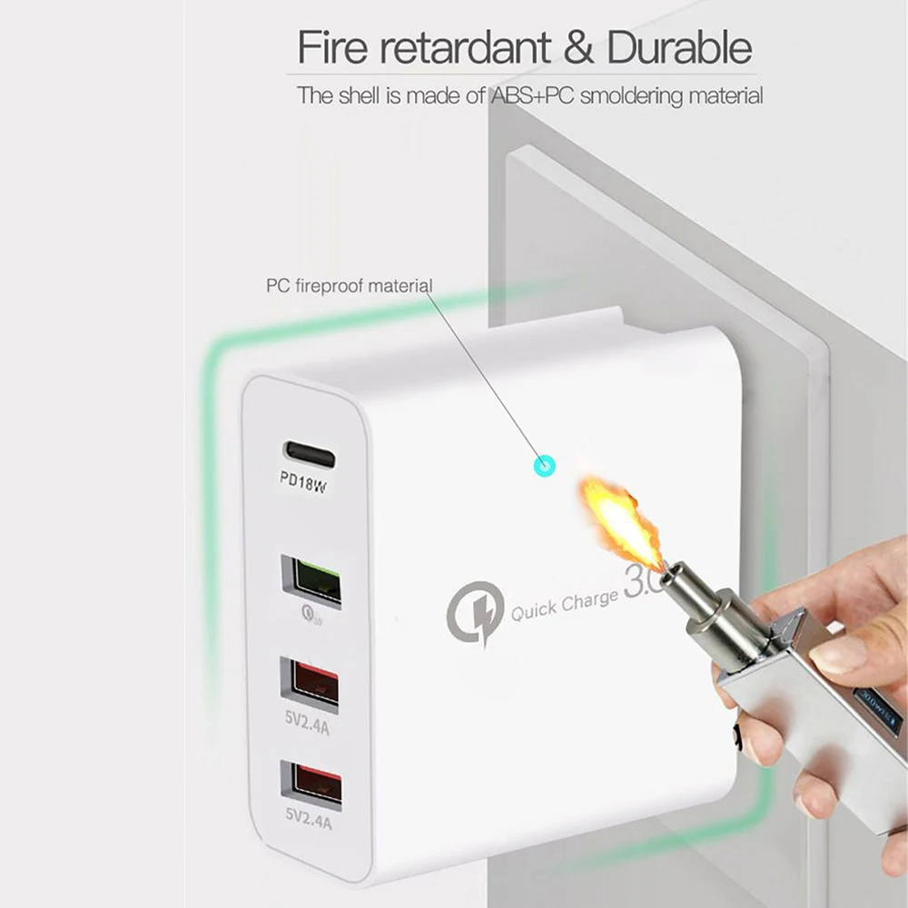 48 Вт 4 порта зарядное устройство Тип C qc3.0 type-c USB зарядное устройство для samsung iPhone huawei QC 3,0 быстрое настенное зарядное устройство США ЕС Великобритания австралийская штепсельная розетка