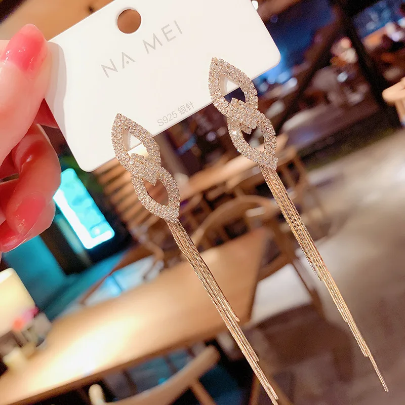 

Luxury Brand Gold Bar Long Thread Tassel Drop Earrings for Women Crystal Big Dangle Earring Wedding Party Fashion Korean Jewelry