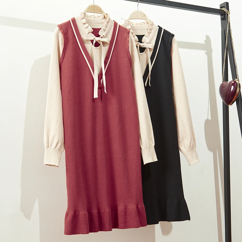 

Новинка 2019, осеннее вязаное платье, платья-свитеры из двух частей с имитацией двух частей, облегающие Женские платья с длинным рукавом и бан...