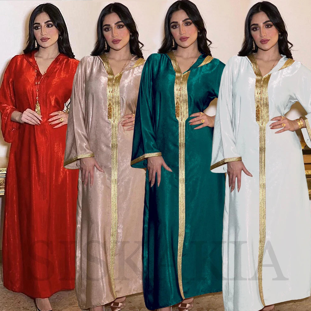 

Dubai Hooded Abaya Dress for Women France Velvet Ribbon Long Sleeve Moroccan Turkish Arabic Muslim Clothes Red 2021 New