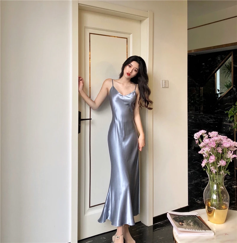 

Summer Women New Sexy V-Neck Fishtail Slip Satin Dress Thin Straps Tank 2021 Casual Slim Camisole Lady Beach Cami Female Dresses