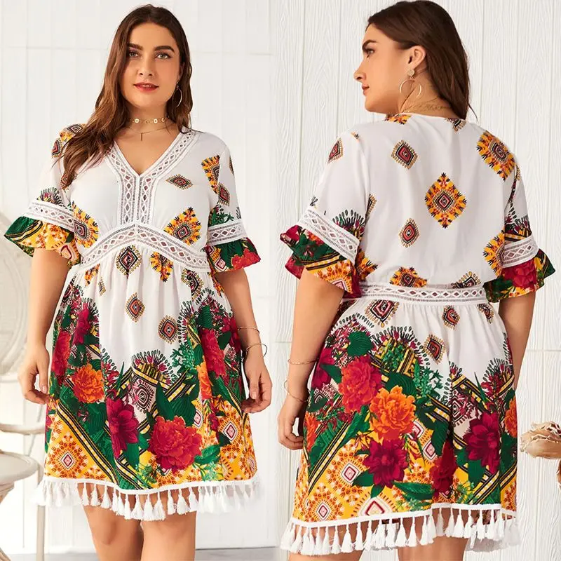 

Plus Size Women Holiday BOHO V Neck Short Sleeve Tassels Lace Floral Print Short Wrap Dress