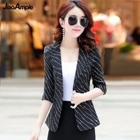 2021 spring autumn new small suit coat womens striped 34 sleeve jacket korean casual slim crop top female plus size blazers