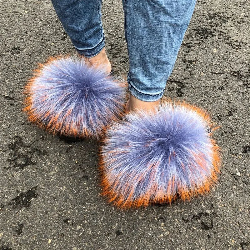 

Women's Furry Colorful Raccoon Fur Slippers Ladies Fur Slides Female Fluffy Sandals Girl's Fashion Flip Flops Plush House Shoes