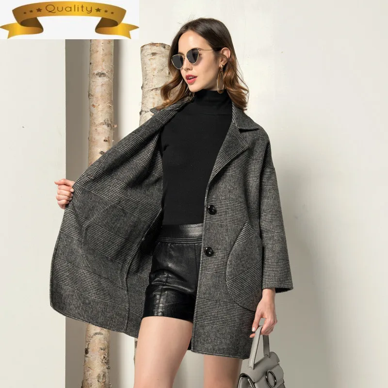 

Plaid Real Coat Wool Women Korean Houndstooth Wool Jacket Long Elegant Ladies Coats Andjackets Abrigo Mujer 2021 F108 KJ3191
