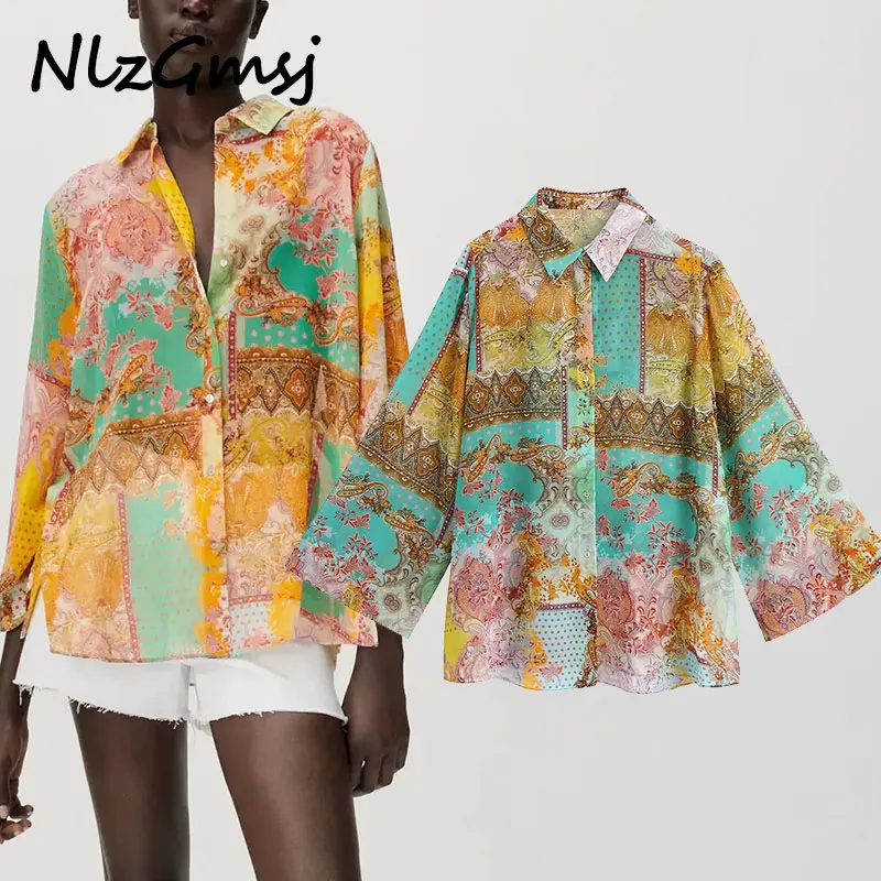 

Nlzgmsj Za блузка женская рубашка 2021 модный пэчворк Принт Свободные Асимметрия в винтажном стиле, с длинным рукавом Блузка женская блузка Топы ...