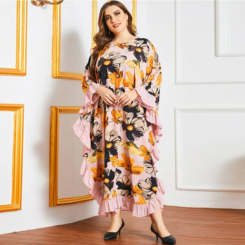 

Canada fat plus size loose long skirt big flower lace print bat long sleeve casual mother dress long skirt Muslim women dress