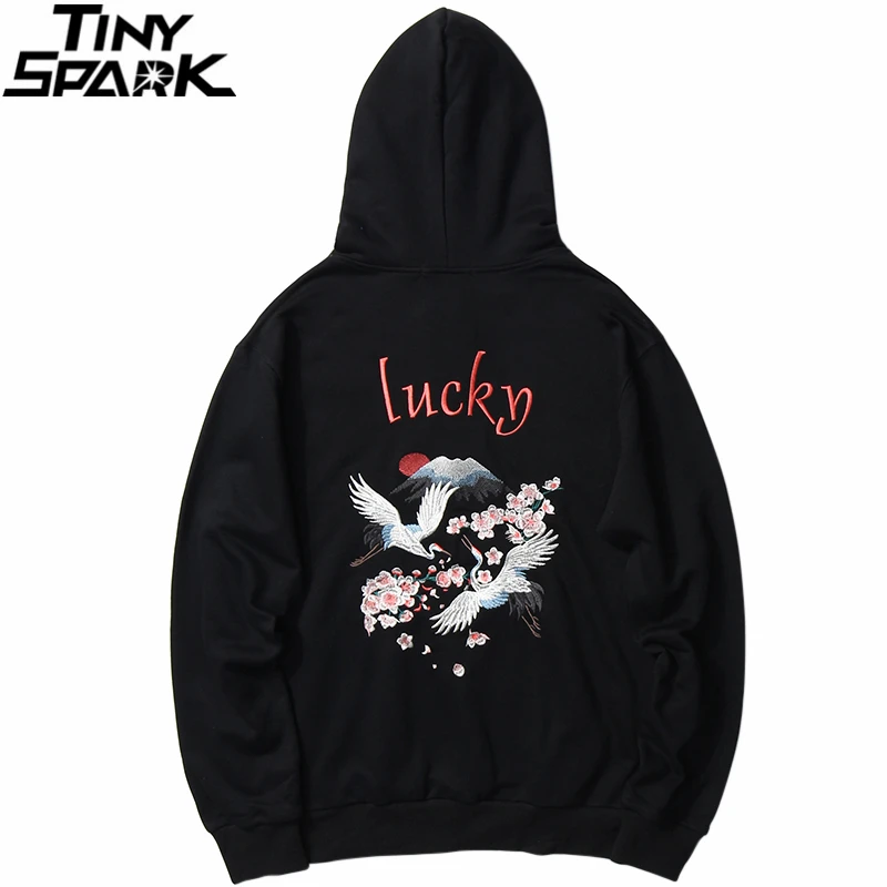 

Hip Hop Hoodie Streetwear Sweatshirt 2021 Men Embroidery Crane Sunrise Floral Pullover Cotton Casual Hooded Hoodie Black White