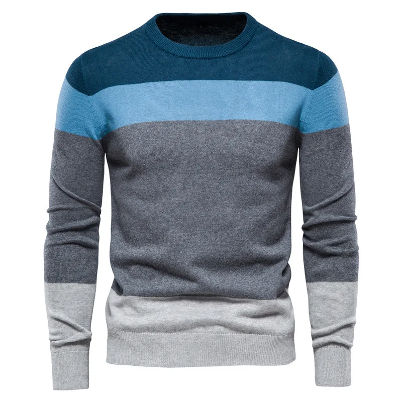 

2021 autumn new men's striped stitching long-sleeved sweater fashion pullover round neck cotton sweater