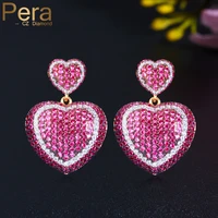 pera romantic hot pink cubic zirconia dangle big love heart shape drop earrings for lover wedding anniversary jewelry gift e658