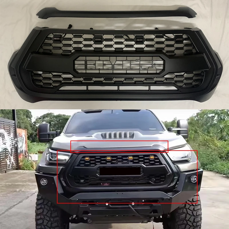

Modified Front Racing Grills For Hilux Revo 2021 Car Grille Bumper Mask Mesh Cover ABS Front Engine Bonnet Scoop Hood Trims