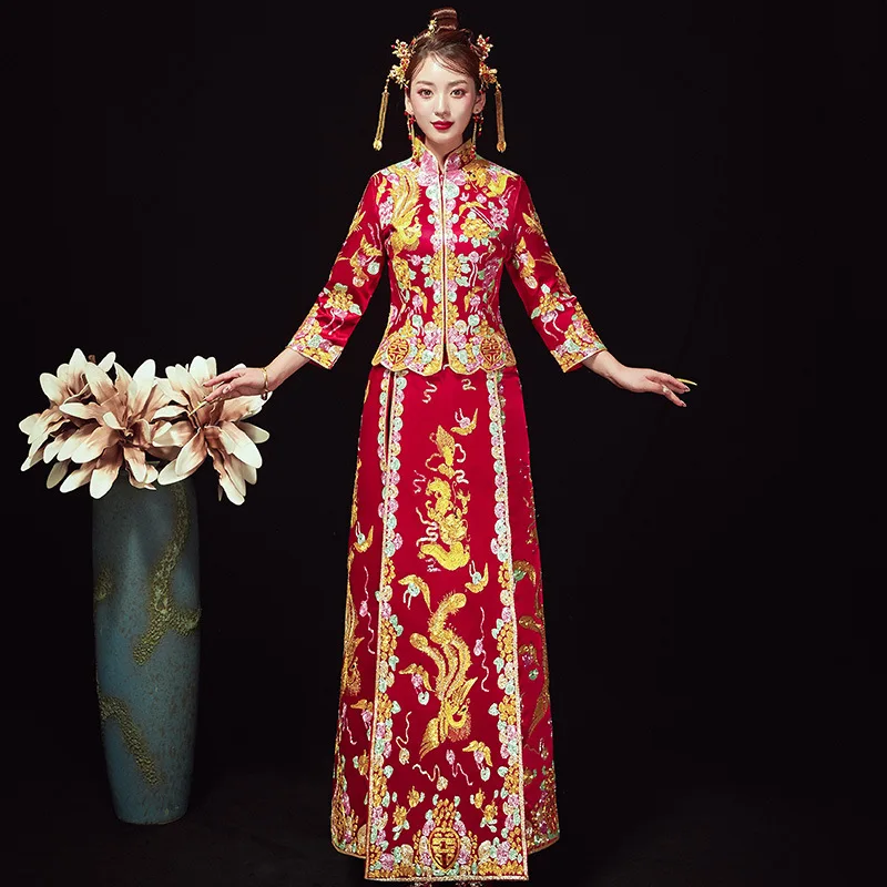 Красный китайский женский свадебный костюм с вышивкой Феникс атласные Стразы
