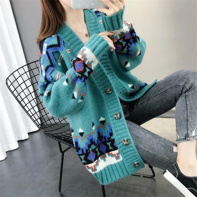 2019 женский свитер снаружи абстрактным узором с длинным рукавом однобортный