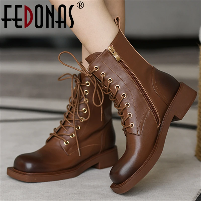 

FEDONAS Classic Retro Genuine Leather Cross-Tied Women Ankle Boots Low Heels Working Casual Outdoor Shoes Woman Autumn Winter