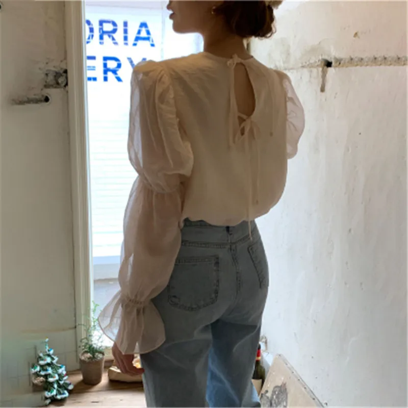 Темпераментная Женская блузка в Корейском стиле с круглым вырезом и рукавами