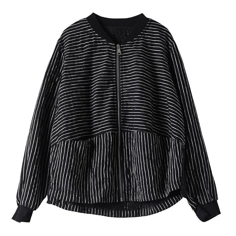 

New 2021 Spring Autumn Korea Fashion Women Long Sleeve Casual Striped Short Coats Cotton Loose Zipper Jackets Big Size M494